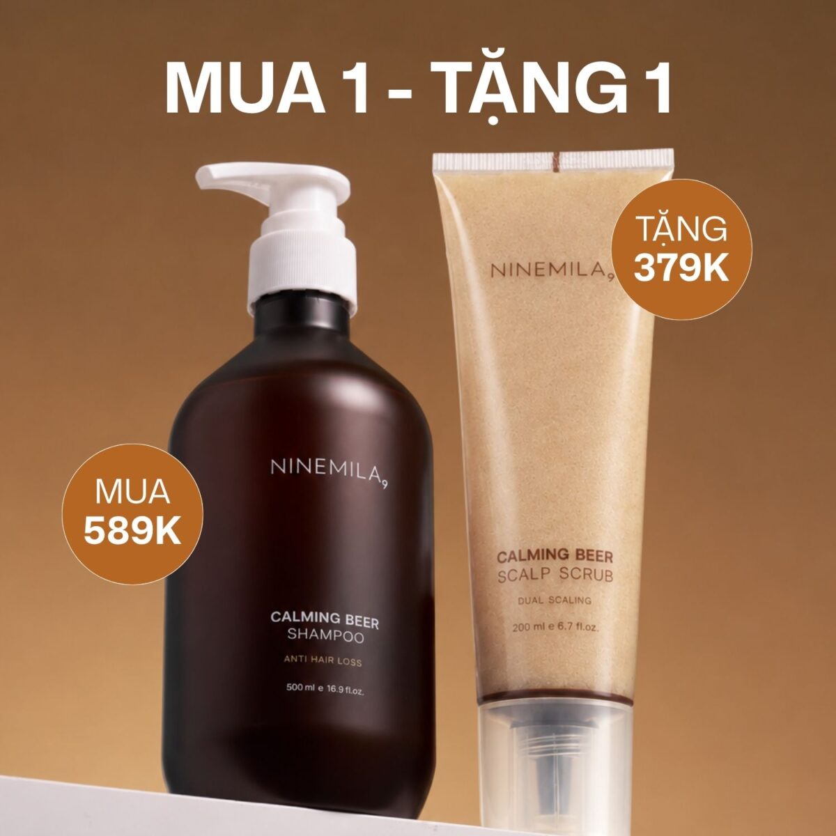 Ưu đãi: Mua 1 Tặng 1 Dầu gội men bia giảm rụng Ninemila & Tẩy TBC da đầu men bia Ninemila