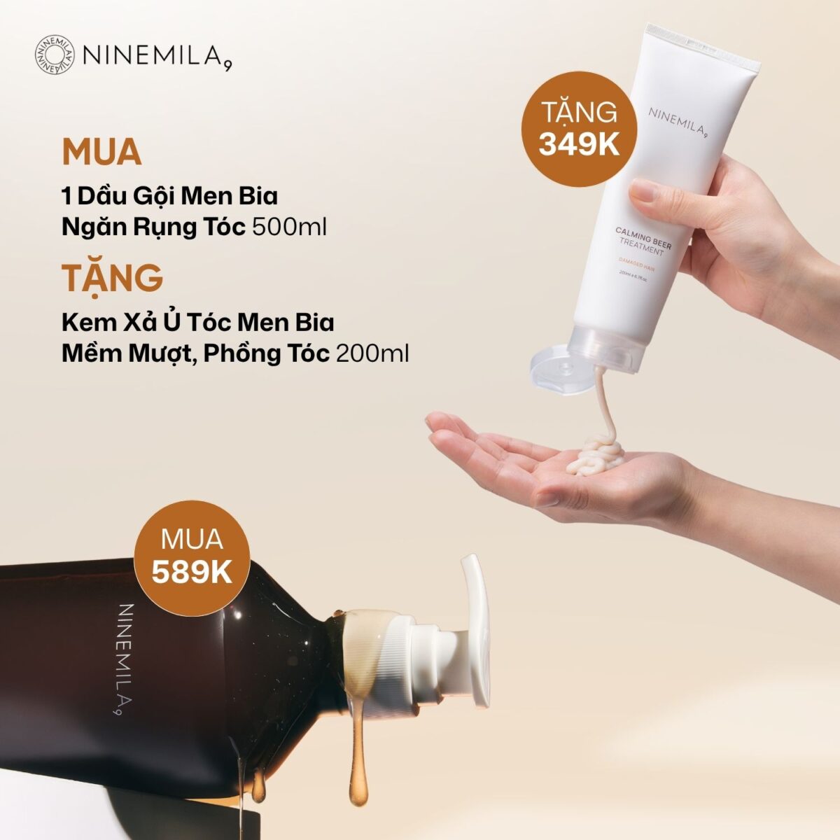 Ưu đãi: Mua 1 Tặng 1 Dầu gội men bia giảm rụng Ninemila & Kem xả ủ tóc men bia Ninemila