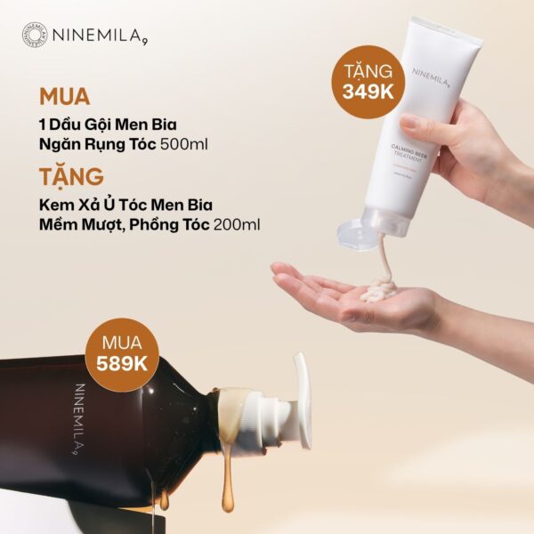 Ưu đãi: Mua 1 Tặng 1 Dầu gội men bia giảm rụng Ninemila & Kem xả ủ tóc men bia Ninemila